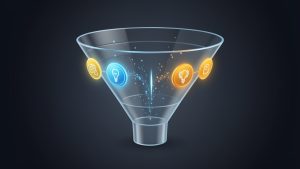 Illustration d’un entonnoir marketing numérique où les prospects qualifiés et non qualifiés se séparent à un point de rupture visible.