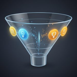 Illustration d’un entonnoir marketing numérique où les prospects qualifiés et non qualifiés se séparent à un point de rupture visible.