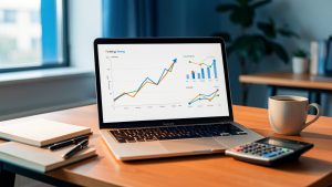 Espace de travail moderne avec un ordinateur affichant des courbes de croissance et des indicateurs marketing visuels, symbolisant une levée de fonds.