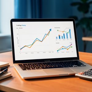 Espace de travail moderne avec un ordinateur affichant des courbes de croissance et des indicateurs marketing visuels, symbolisant une levée de fonds.