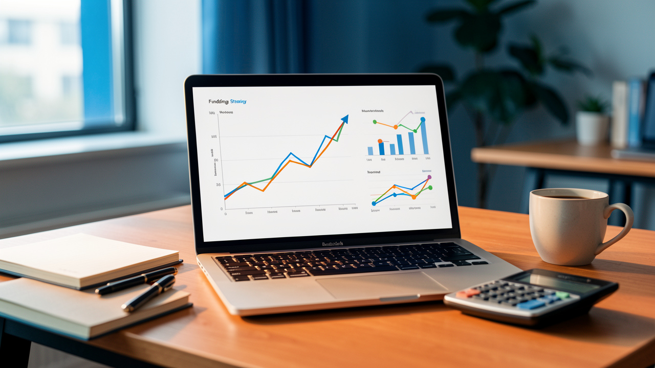 Espace de travail moderne avec un ordinateur affichant des courbes de croissance et des indicateurs marketing visuels, symbolisant une levée de fonds.