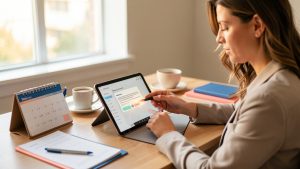 Une entrepreneuse transforme des notifications de newsletter en rendez-vous professionnels dans un espace de travail lumineux.