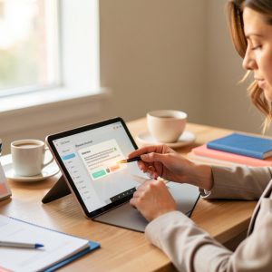 Une entrepreneuse transforme des notifications de newsletter en rendez-vous professionnels dans un espace de travail lumineux.