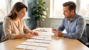 Une responsable du recrutement échange avec un freelance spécialisé en acquisition autour d’un calendrier de planification vierge dans un bureau lumineux.