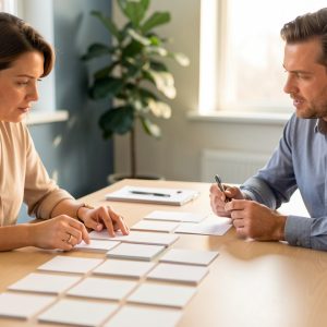Une responsable du recrutement échange avec un freelance spécialisé en acquisition autour d’un calendrier de planification vierge dans un bureau lumineux.