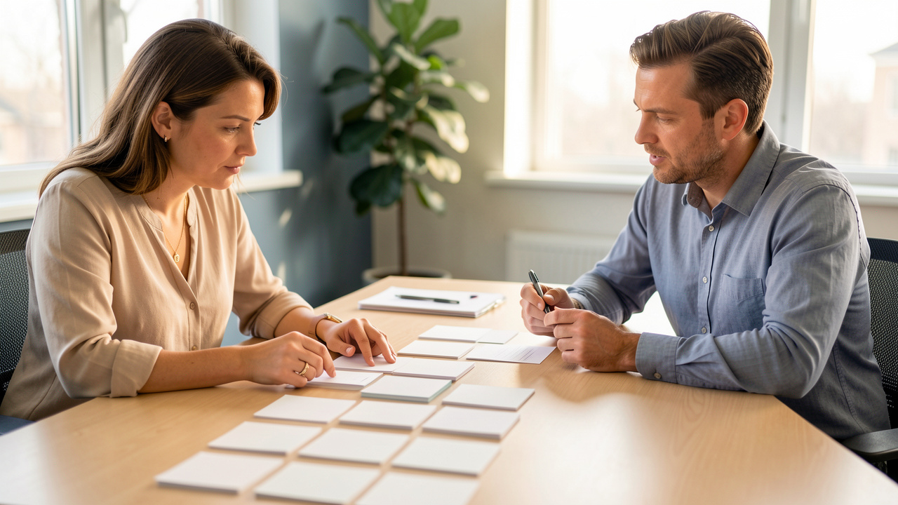 Une responsable du recrutement échange avec un freelance spécialisé en acquisition autour d’un calendrier de planification vierge dans un bureau lumineux.