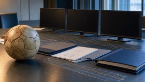 Illustration éditoriale sobre montrant un ballon de football, des écrans de streaming vierges et des graphiques financiers abstraits dans une salle de réunion.
