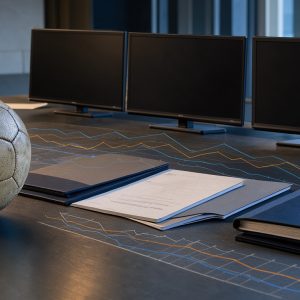 Illustration éditoriale sobre montrant un ballon de football, des écrans de streaming vierges et des graphiques financiers abstraits dans une salle de réunion.