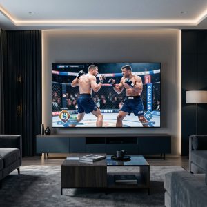 Téléviseur grand écran diffusant un combat sportif de MMA dans un salon moderne à l’ambiance premium et sobre.