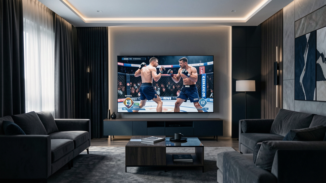 Téléviseur grand écran diffusant un combat sportif de MMA dans un salon moderne à l’ambiance premium et sobre.